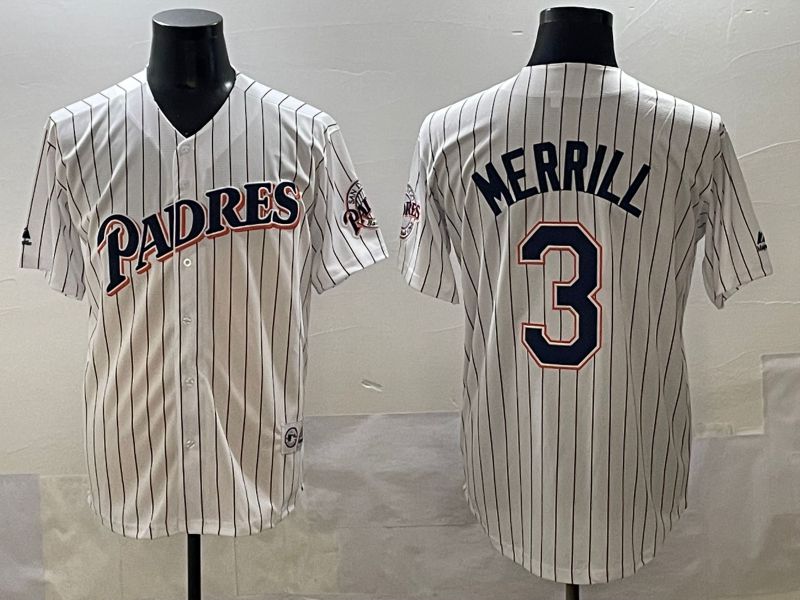 Men 2025 San Diego Padres #3 Merrill White Stripe Throwback Game Nike MLB Jersey style 1